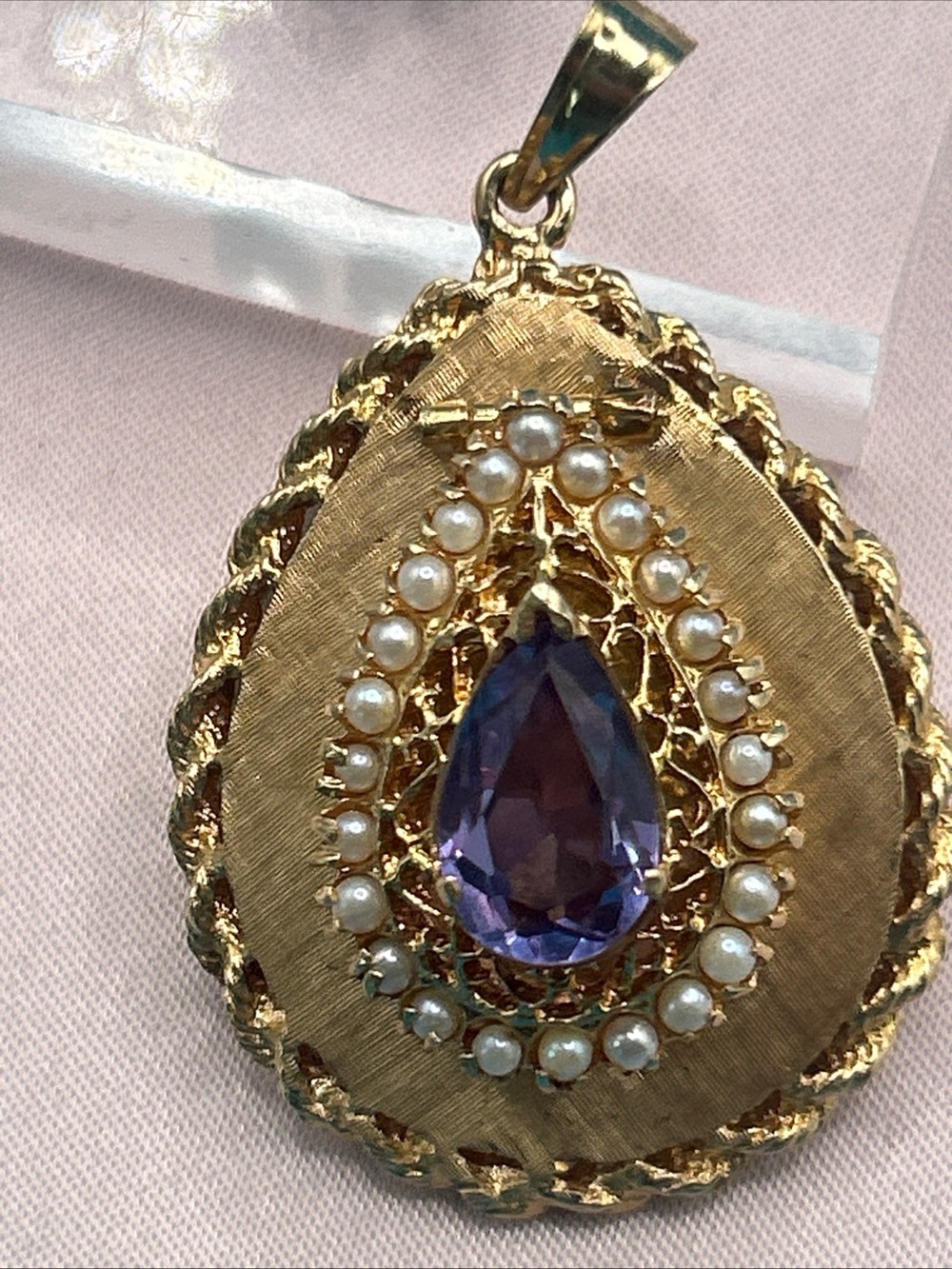 Vtg 14K Gold Locket Purple Teardrop Gemstone Seed Pearls 16.5 GM Estate Find